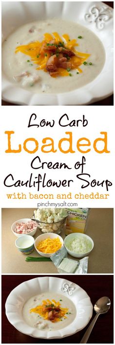 low carb loaded cream of cauliflower soup with bacon and cheddar