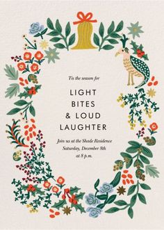 a card with the words light bites and loud laughter on it, surrounded by flowers