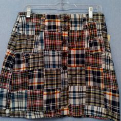 Nwt Cambridge Dry Goods Women's Multi-Color Button Down Skirt With Side Pockets Size 8 Casual Patchwork Skirt For Fall, Casual Plaid Cotton Mini Skirt, Casual Plaid Skirt With Patchwork, Casual Cotton Mini Skirt With Button Zip Fly, Plaid Cotton Skort For Fall, Casual Plaid Bottoms With Button Closure, Casual Multicolor Bottoms With Button Closure, Fall Cotton Skirt With Buttons, Casual Fitted Patchwork Skirt