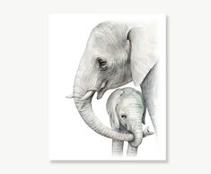 an elephant and her baby are shown in this watercolor painting on white canvases