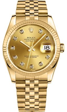 116238 | M116238-0061 ROLEX DATEJUST 36 MEN'S OR WOMEN'S WATCH Usually ships within 3 months | View In Stock Rolex Watches - Free Overnight Shipping - With Manufacturer Serial Numbers - Swiss Made - Champagne Dial Set with Diamonds - Fluted Bezel - Date Feature - 48 Hour Power Reserve - Self-winding Automatic Movement - Caliber 3135 - 6 Year Warranty - Guaranteed Authentic - Certificate of Authenticity - Manufacturer Box & Manual - Solid 18k Gold Case & Jubilee Bracelet - Scratch Resistant Sapphire Crystal - 100 Meters / 330 Feet Waterproof - 36mm = 1 1/3" Case, 6" Adjustable Bracelet - Bidirectional Rotating Bezel - Screw Down Crown & Case Back - Deployment Buckle - Free Bracelet Sizing     Also Known As Model # 116238-CHPDJ Rolex Presidential, Rolex Oyster Perpetual Datejust, Rolex Milgauss, Rolex Cellini, Rolex Women, Oyster Perpetual Datejust, Rolex Explorer, Red Sunset, Watches Women