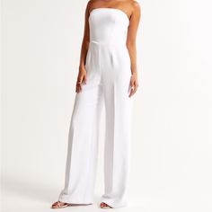 Worn Once, Like Brand New. No Spaghetti Straps. Chic Full-length Strapless Jumpsuit For Spring, Fitted Wide Leg Strapless Jumpsuit For Spring, Fitted Strapless Wide Leg Jumpsuit For Spring, Elegant Summer Full-length Jumpsuits And Rompers, Elegant Summer Overalls Bottoms, White Full-length Pantsuit For Spring, Chic Summer Full Length Pantsuit, Chic Full-length Summer Pantsuit, White Full Length Pantsuit For Spring