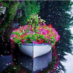 a boat filled with lots of flowers floating on top of water