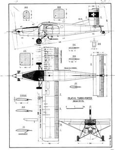 the plans for an airplane are shown in black and white, with blueprints