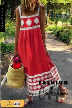 Casual Print Tassel Square Collar Straight Dresses(5 Colors) Red Summer Dress With Tassels, Red Maxi Dress With Tassels For Summer, Red Tasseled Maxi Dress For Summer, Red Tassel Dress For Spring, Casual Maxi Dresses With Tassels, Casual Tassel Maxi Dress For Spring, Straight Dress, Women's Fashion Dresses, Tassels