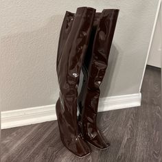 Brand New Size 10 Glossy Brown Mid Calf/Knee High Boots. Super Cute, Square Toe! Just Too Big For Me Fall Patent Leather Knee-high Boots With High Heel, Trendy Patent Leather Knee-high Boots For Fall, Tall Brown Boots With Pointed Toe, Brown Pointed Toe Knee-high Boots For Spring, Brown Round Toe Heeled Boots For Party, Brown Closed Toe Heeled Boots For Party, Trendy Brown Knee-high Boots With Pointed Toe, Trendy Brown Pointed Toe Knee-high Boots, Brown Knee-high Boots For Party