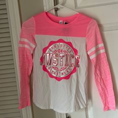 Justice Girls Size 10 New White School Spirit Top For Spring, White Tops For School In Fall, White Tops For Fall School Spirit, White Tops For School Spirit In Fall, Pink Long Sleeve T-shirt For School, Sporty Pink Top For School, Sporty Pink Tops For School, Justice Girls Clothes, Justice Clothing Outfits