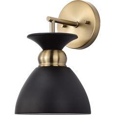 a black and gold wall light with an adjustable arm, on a white background the lamp is shaped like a cone