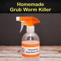 a bottle of homemade grub worm killer sitting on top of a wooden table with the words homemade grub worm killer