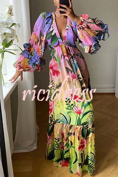 Long Sleeve Floral Maxi Dress, Vacation Maxi Dress, Plunging Neck Dress, Lantern Sleeve Dress, Floral Dresses Long, Straight Dress, Necklines For Dresses, Long Sleeve Maxi, Bohemian Dress