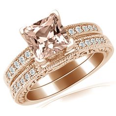 an engagement ring set with a princess cut morganite and diamond accents on the band