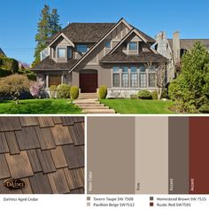 a house with brown shingles and green grass