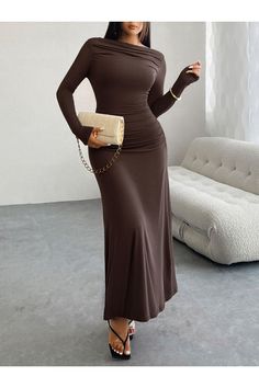 Features: Basic style Sheer: Opaque Stretch: Highly stretchy Body: Not lined Material composition: 92% viscose, 8% elastane Care instructions: Machine wash cold. Tumble dry low. Imported Size US Length Bust Waist Sleeve Length S 4 53.5 28.3 22.4 22.6 M 6/8 53.9 29.9 24 23 L 10/12 54.3 32.3 26.4 23.4 XL 14 54.7 34.6 28.7 23.8 Stretch Ruched Maxi Dress For Fall, Fall Stretch Ruched Maxi Dress, Crop Top Bra, Maxi Dress Cocktail, Long Sleeve Maxi, Casual Skirts, Maxi Dresses Casual, Swimwear Cover Ups, Swimwear Cover