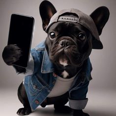 a small dog wearing a denim jacket and holding a cell phone