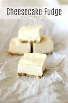 three pieces of cheesecake fudge sitting on top of wax paper with the title above it