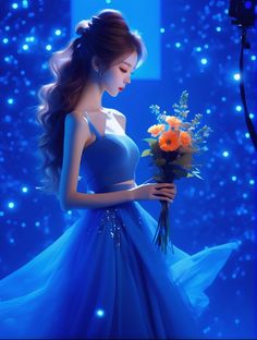 a beautiful young woman holding a bouquet of flowers in front of a blue background with stars