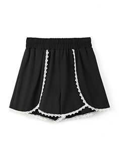 Lace Trim Black Casual Shorts Chic Black Pants With Lace Trim, Chic Lace Trim Short Bottoms, Black Lace Trim Shorts For Summer, Black Short Bottoms With Lace Trim, Black Cotton Bottoms With Lace Trim, Black Lace Trim Short Bottoms, Black Stretch Shorts With Lace Trim, Black Bottoms With Lace Trim, Black Lace Trim Shorts