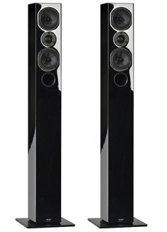 two black speakers sitting next to each other