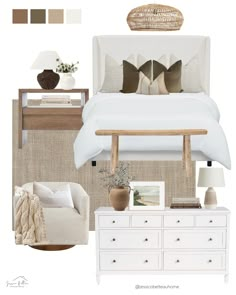 a bedroom with white furniture and neutrals on the walls, including a bed, dresser,