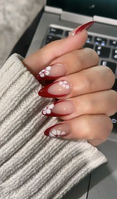 red french tips nails with flowers Red French Tips Nails, Red French Tips, French Tips Nails, Nails With Flowers, Spring Break Nails, Tips Nails, Red Acrylic Nails, Red French, Cute Simple Nails