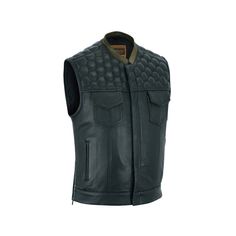 This men's biker vest is made of cowhide leather with a stylish honeycomb pattern. It features a front zipper, multiple pockets for storing essentials, and a reinforced interior lining for durability. The vest also has a classic biker design with a scoop neckline and a sleek, form-fitting cut. Perfect for adding a touch of edge to any outfit or for a day out on the open road. Soft premium drum dyed naked cowhide leather (1.2 - 1.3mm thickness) Single panel back for easy customization with patche Black Biker Vest With Zipper Closure, Sleeveless Biker Outerwear With Zipper Closure, Winter Biker Vest With Pockets, Winter Motorcycling Leather Vest, Winter Leather Motorcycling Vest, Biker Vest With Pockets For Motorcycling, Biker Style Sleeveless Vest With Zipper Closure, Sleeveless Biker Vest With Zipper Closure, Denim Vest Men