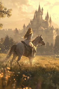 A medieval princess on her beautiful steed watching a sunset on a summer eve.   #princess #medieval #steed #horse #castle #sunset Horse Riding Fantasy Aesthetic, Princess Riding Horse Aesthetic, Princess On Horse Aesthetic, Princess Horse Aesthetic, Cool Horse Pictures, Medieval Times Aesthetic, Princess Castle Aesthetic, Princess With Animals, Medieval Woman Aesthetic