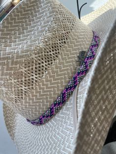 "1/4\" All bead work is beaded with 10lb extreme braided nylon line. All hat bands are finished at 23\" with glued than sewed down leather ends and an adjustable leather tie." Aztec Hat, Beaded Hat Bands, Beaded Stuff, Hat Bands, Beaded Hat, Bead Projects, Leather Tie, Loom Pattern, Bead Ideas