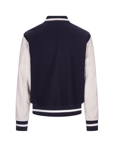 80% Wool, 20% Polyamide Lining: 100% Cupro Luxury Varsity Jacket For College In Fall, Luxury Fall Varsity Jacket For College, Luxury Leather Outerwear With Ribbed Cuffs, Leather Varsity Jacket For Winter Workwear, Classic Leather Varsity Jacket For Winter, Luxury Varsity Jacket With Padded Collar For Fall, Luxury Long Sleeve Varsity Jacket With Padded Collar, Classic Navy Varsity Jacket For Fall, Classic Wool Outerwear For College