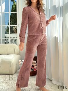 Ebeek - Womens Plus Size Three-Piece Casual Lounge Set: Solid Long Sleeve Button-Up Flannel Coat, Tank Top, and Split Pants Pajamas Flannel Coat, Split Pants, Lounge Set, Lounge Sets, Three Piece, Pants Set, Knitted Fabric, Pajamas, Split