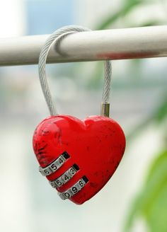 a red heart with two locks attached to it hanging on a metal barbwire