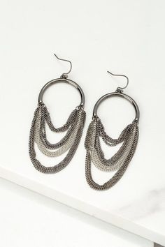 Arch drop earrings with chain fringe in two tone: silver and hematiteSize: 3.25"Made In: China Baseball Hat Hairstyles, Earrings With Chain, Chain Drop Earrings, Chain Fringe, Arch Design, Stylish Earrings, Belt Jewelry, Stylish Earring, Fashion Jewelry Earrings