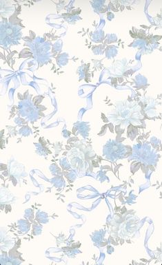 a white and blue floral wallpaper with flowers