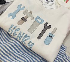 Ready..Set..build this design is perfect for any little busy builder! Tool Shirt, White Short Sleeve Shirt, Stitch Shop, Turkey Design, Easter Basket Stuffer, Embroidery Monogram, Christmas Minis, Color Shirt, Gifted Kids