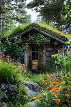 an old log cabin is surrounded by wildflowers and greenery in the woods