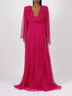 Gucci silk chiffon long dress. - FW22 - V neck with ruffles and hidden hook - Reinforced shoulder - Detachable camisole - Cut at the waist - Long sleeve - Back zip fastening - Made in Italy - 100%Silk | Gucci Women's Chiffon Silk Dress in Pink/Purple | FW22/23 Gucci Fitted Maxi Dress For Formal Occasions, Gucci Silk Dress For Wedding, Gucci Silk Wedding Dress, Gucci Formal Maxi Length Dress, Gucci Fitted Maxi Dress, Gucci Silk V-neck Dress, Elegant Gucci Evening Maxi Dress, Gucci Elegant Evening Maxi Dress, Gucci Evening Maxi Dress