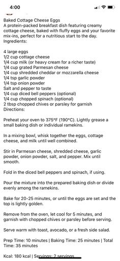 the recipe for baked cheese eggs is shown in black and white font, with instructions to make it