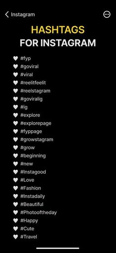 the hashtags for instagram are displayed on a black background with white hearts