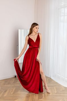 "👉 This long red velvet dress is made of high quality velvet. You don't need to tie the dress, it has an elastic waist. Has separate sash. 👉 All dresses are custom and I make the dress by your measurements, that's why it is very important to leave all measurements in the box \"Personalization\". Please, see in my instruction \"How to measure\". If you have any questions about measurements, do not hesitate to ask about it, I will gladly help. 👉 You need to choose approximate size according to your bust measurements and then leave all needed measurements in box \"Personalization\". The sizes: XS, S, M, L, XL, 2XL, 3XL, 4XL, 5XL (see the Size Guide in the photo of this listing).  👉 The standard length of this dress from the waist is 45 inches (115 cm). You can change dress length, sleeves Red Velvet V-neck Party Dress, Elegant Velvet V-neck Maxi Dress, Elegant V-neck Velvet Wedding Dress, Fitted Crushed Velvet Party Dress, Red Velvet V-neck Evening Dress, Elegant Sleeveless Velvet Prom Dress, Velvet Sleeveless Dress For Wedding, Elegant Velvet Bridesmaid Dress, Elegant Bridesmaid Velvet Dress