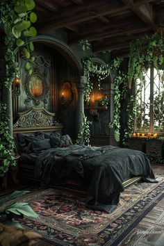 a bed sitting in the middle of a room with plants growing on it's walls