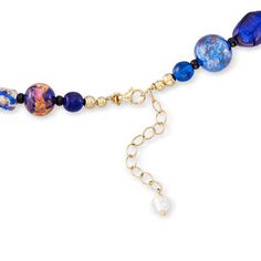 Ross-Simons - Italian Multicolored Murano Glass Bead Necklace Over Sterling. 20". An RS exclusive. Treat yourself to the luxury of Italian jewelry with this breathtaking selection. This masterpiece showcases 6-20mm Murano glass beads in glowing shades of blue and gold. Finishes with an 18kt yellow gold over sterling silver decorative clasp. 1/8" to 7/8" wide. Includes a 2" extender. Murano glass beads are unique and may vary. Lobster clasp, Murano glass bead necklace. Luxury Multicolor Beaded Jewelry, Elegant Multicolor Oval Necklace, Elegant Jewelry With Colorful Oval Beads, Elegant Multicolor Single Strand Beaded Necklace, Adjustable Multicolor Necklace For Formal Occasions, Elegant Multicolor Oval Beads Necklace, Elegant Oval Glass Jewelry, Elegant Multicolor Single Strand Bracelet, Elegant Glass Beaded Necklaces With Oval Beads