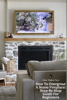 a living room filled with furniture and a painting on the wall above a fire place