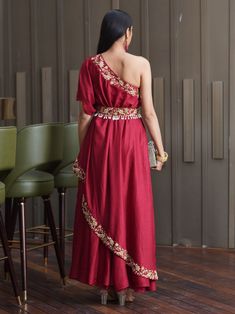 RSAA18-1 Maroon Gown, Layered Gown, Zardosi Work, Embroidered Belt, One Shoulder Gown, Designer Party Wear Dresses, Silk Gown, Gowns Online, Designer Dresses Indian