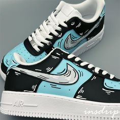 Add style and flair to your Shoebox with these one-of-a-kind, hand painted black and blue cartoon custom Air Force 1s. Stand out from the crowd and make a statement! - Hand-painted with Angelus Leather Paints- Worldwide shipment. - All customs are waterproof scratch resistant.- ALL PICTURES ARE SELFMADE*In no way affiliated with the brands used* Nike Custom Hand Painted Sneakers, Custom Hand Painted Nike Sneakers, Nike Custom Hand Painted Sneakers For Streetwear, Nike Hand-painted Custom Sneakers For Streetwear, Blue Casual Custom Sneakers, Custom Blue Sneakers, Nike Casual Custom Artwork Sneakers, Blue Custom Artwork Sneakers, Artistic Blue Custom Sneakers With Waterproof Paint