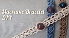 the words macrame bracelet diy are written in white and blue on a gray background