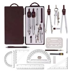 an assortment of office supplies including pens, scissors and rulers