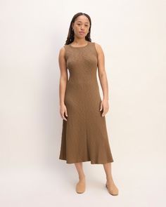 The Rib-Knit A-Line Tank Dress Carob Brown – Everlane Brown Tank Dress Fall, Brown Rib Knit Dress, Ribbed Tank Dress Outfit, Tank Dress Outfit, Tank Dresses Outfit, Ribbed Tank Dress, Knit Tank Dress, Fall Dress Outfit, Ribbed Texture