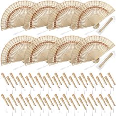 a set of six bamboo hand fans with wooden handles and pins on each one side