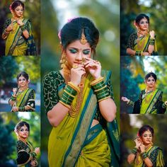 a woman in a green and yellow sari with her hands on her face, posing for