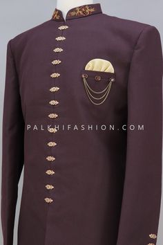 Get the best wedding look with this wine silk indo-western for an ethnic look. Paired with elegant buttons designs and stonework. Detailed with a stand collar, and full placket, and hook and button opening. Comes with contrast beige color pants. Color Pants, Ethnic Looks, Colored Pants, Wedding Look, Indo Western, Button Design, Wedding Looks, Beige Color, Stand Collar