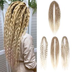 PRICES MAY VARY. Versatile Set: This set includes 15 pieces of double-ended, 3-in-1 dreadlock extensions in an ombre blonde mixed color. Note: 1 SE = 1 End ; 1 DE = 2 Ends. SE - has one end, with a loop at the top, through this loop the dreads are attached to your hair. DE - has two ends, is a long dreads folded in half. Unique Style: The extensions feature a combination of curly dreads and box braids, allowing for a unique and trendy hairstyle. Easy Installation: These dreadlock extensions are Double Ended Dread Extensions, Different Perm Curls, Braid In Hair, Perm Curls, Curly Dreadlocks, Curly Dreads, Dreads Extensions, Long Dreads, Double Ended Dreads